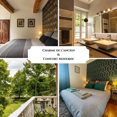a collage of photos of a bathroom and a bedroom at Domaine La Belle Histoire - Gîte côté Parc in Besset