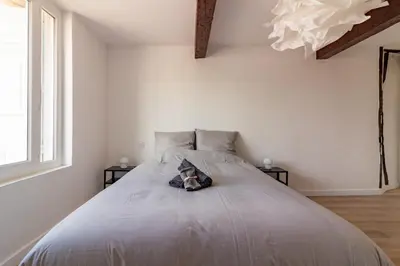 a dog laying on a bed in a bedroom at Charmant duplex Castelnaudary in Castelnaudary