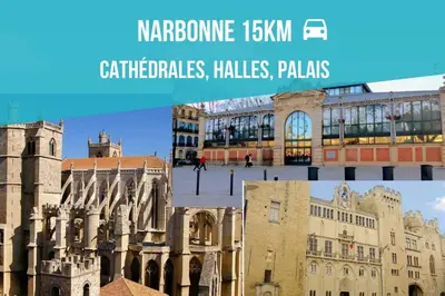 a collage of photos of the cathedral and buildings at L'Escale de la Plage in Gruissan