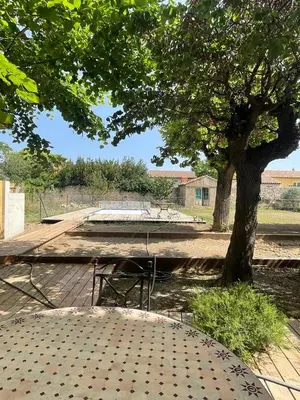 a table and a bench under a tree at Grande Maison Vigneronne, proche de la mer in Salles-d'Aude