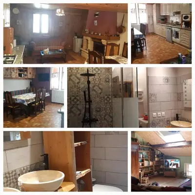 a collage of photos of a kitchen and a living room at Maison proche de la nature in Quérigut