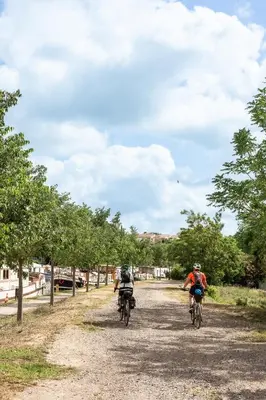 two people riding bikes down a dirt road at Maison avec piscine, vue sur le Canal du Midi in Capestang