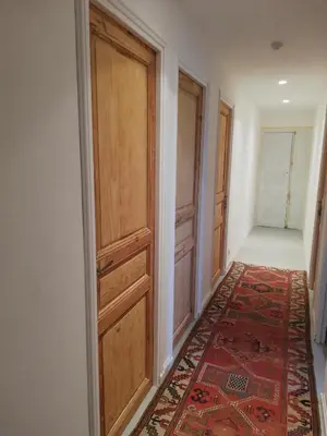 a hallway with wooden doors and a rug at Les 3 Platanes in Conilhac-Corbières