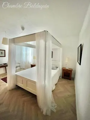 a bedroom with a large white bed with a canopy at Les 3 Platanes in Conilhac-Corbières