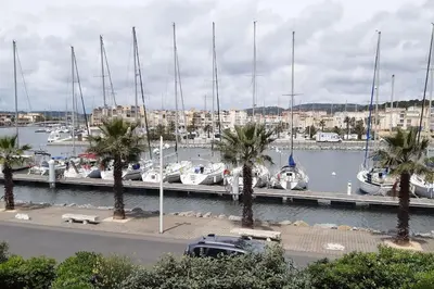 a marina with boats in the water and palm trees at Appart. calme 5 Pers vue sur le port de gruissan in Gruissan