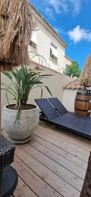 a patio with a potted plant on a wooden deck at L'oiseau du paradis in Narbonne