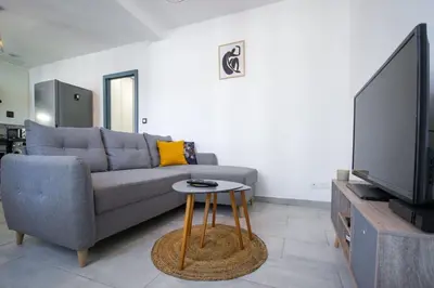 a living room with a couch and a tv at L'As de Carreaux in Narbonne