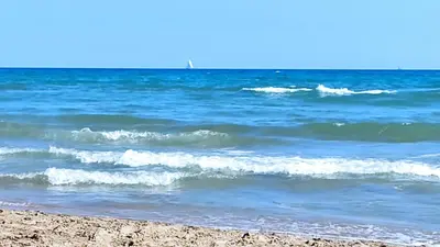 a view of the ocean with a sandy beach at 36 2 l air marin Penthouse Netflix Clim Free park Navette Grands Buffets Accès direct autoroute et plages in Narbonne