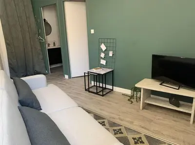 a living room with a white couch and a television at Appartement cœur de village Numéro2 in Peyriac-de-Mer