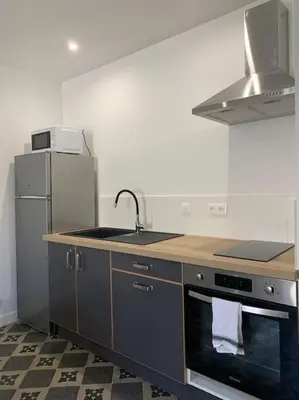 a kitchen with a sink and a refrigerator at Appartement cœur de village Numéro2 in Peyriac-de-Mer