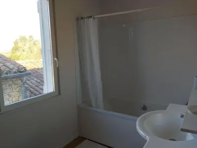 a bathroom with a shower and a sink and a window at gite au village in Mourvilles-Hautes