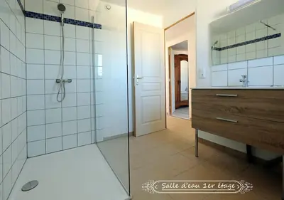 a bathroom with a shower and a sink and a mirror at Maison confortable à 10 km des plages de la Méditerranée au bord du village pittoresque in Treilles