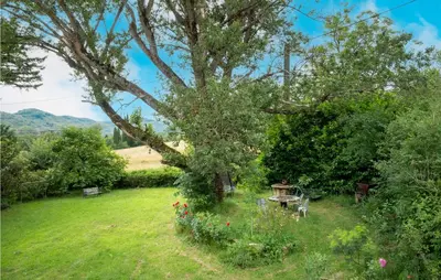 a garden with a picnic table and flowers at Nice Home In Chalabre With Wifi in Chalabre
