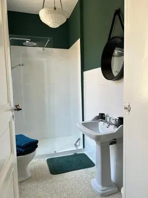 a bathroom with a shower and a sink and a toilet at Maison Paulette - charme et authenticité in Bizanet