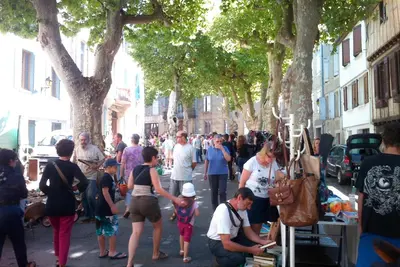 a crowd of people walking down a street with trees at Domaine du Bourdil au pays Cathare in Chalabre