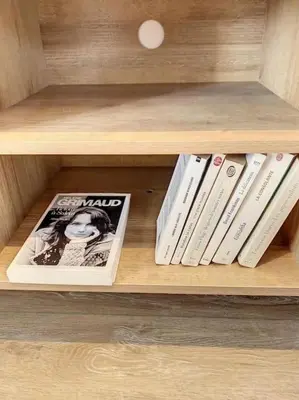 a book shelf with books and magazines on it at Les pénates du pastel - Jardin & Terrasse in Villefranche-de-Lauragais