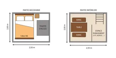 two diagrams showing the dimensions of a tiny house at Domaine de la Palme in Lapalme