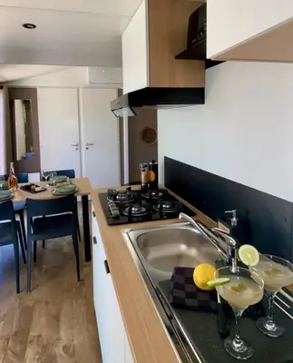 a kitchen with a sink and a stove at Domaine de la Palme in Lapalme