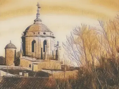 a painting of a church with a cross on top at Comme à la Maison - Accueil tout Public - Groupes - Rando - Vélos - Motos in Saint-Paul-de-Fenouillet