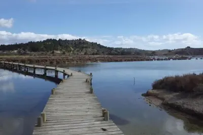 a wooden dock in the middle of a lake at Appartement cœur de village Numéro1 in Peyriac-de-Mer