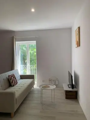 a living room with a couch and a table at Appartement cœur de village Numéro1 in Peyriac-de-Mer