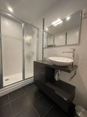 a bathroom with a sink and a shower at Appartement 2 chambres +parking in Narbonne