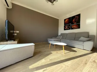 a living room with a couch and a tv at Appartement 2 chambres +parking in Narbonne