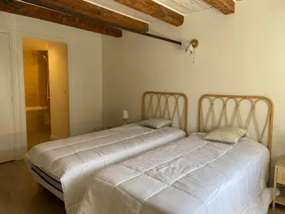 a bedroom with two beds in a room at T3 bis bord du canal du midi piscine in Homps