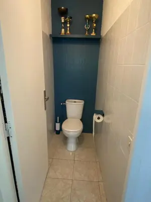 a bathroom with a toilet and a blue wall at Os-thel, Chambres à louer in Tautavel