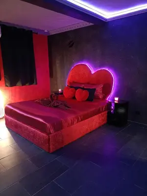 a bedroom with a heart shaped bed with purple lighting at L'instant romance Le Romantique in Castelnaudary
