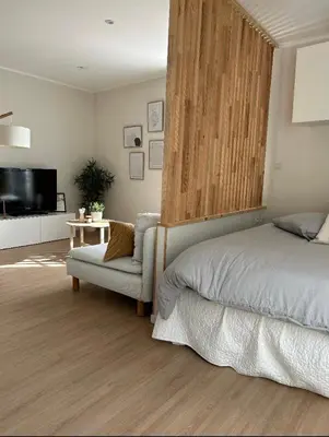 a bedroom with a bed and a chair and a television at Studio hyper centre de castres in Castres
