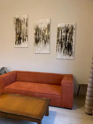 a living room with a couch and three paintings on the wall at Le Woltu - Appt proche des Halles in Narbonne