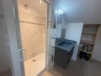 a bathroom with a shower and a sink at Le Woltu - Appt proche des Halles in Narbonne