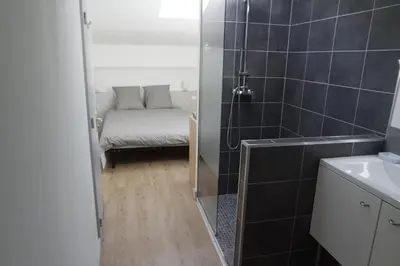 a bathroom with a shower and a couch in a room at Loft Porte Sud 140 m2 in Salles-d'Aude