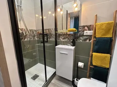 a bathroom with a shower with a toilet and a sink at LA MADDYSON in Narbonne