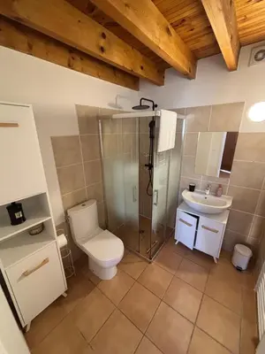 a bathroom with a toilet and a sink at Appartement près du canal du midi in Mirepeisset