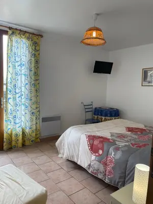 a bedroom with a bed and a chandelier at Ferme-auberge le cochon du Madres in Escouloubre