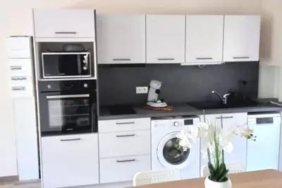 a kitchen with white cabinets and a washer and dryer at Maison au calme avec jardin et parking privé in Rouairoux