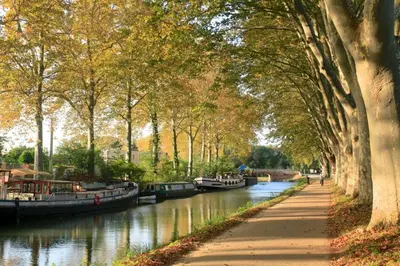 a canal with boats and trees and a sidewalk at Chambre de charme in Cavanac
