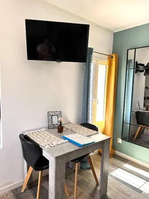 a room with a table with chairs and a television on the wall at Studio confortable et calme au millieu des vignes in Moussan