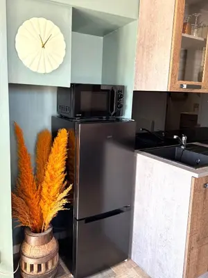 a kitchen with a refrigerator and a microwave at Studio confortable et calme au millieu des vignes in Moussan