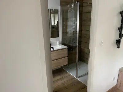a bathroom with a shower and a sink at Industrial Lodge 85m² - Loft avec extérieur in Revel