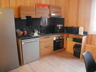 a small kitchen with a stove and a dishwasher at Le Laurenti in Quérigut