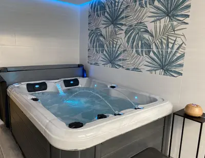 a large bath tub in a room with at Gite Thym spa au coeur d'une oliveraie des Corbières in Saint-Jean-de-Barrou