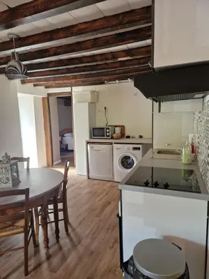 a kitchen and dining room with a table and a stove at Le Grand Cerf - 4 Couchages in Nalzen