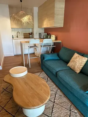 a living room with a green couch and a table at Le Quai Secret d'Augustine centre &vue canal avec draps serviettes et ménage in Narbonne