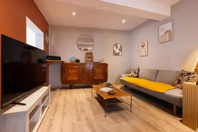 a living room with a couch and a flat screen tv at Le Limouxin jungle Wifi, petit balcon *Oc Keys in Limoux