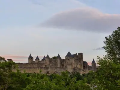 a large castle on top of a hill with trees at Maison Porte Saint Croix in Bize-Minervois
