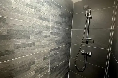 a shower with a shower head in a bathroom at Les gîtes du Canal du midi - Gîte Loft'Oten in Avignonet-de-Lauragais