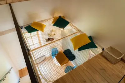 a batting cage with yellow and green pillows on it at Les gîtes du Canal du midi - Gîte Loft'Oten in Avignonet-de-Lauragais